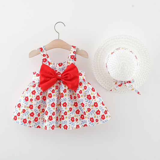Eboo Toddler Baby Girl Summer Sleeveless Flying Sleeve Printed Bowknot Dress (RED)