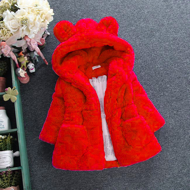 Eboo Girls Winter Warm Hooded Faux Fur Jacket with Cute Ear Design (Red)