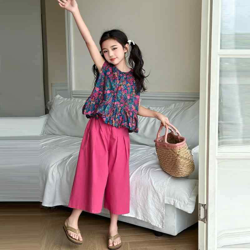 Eboo Stylish 2PCS Set Floral shirt and Soft Wide Leg Pant Outfit