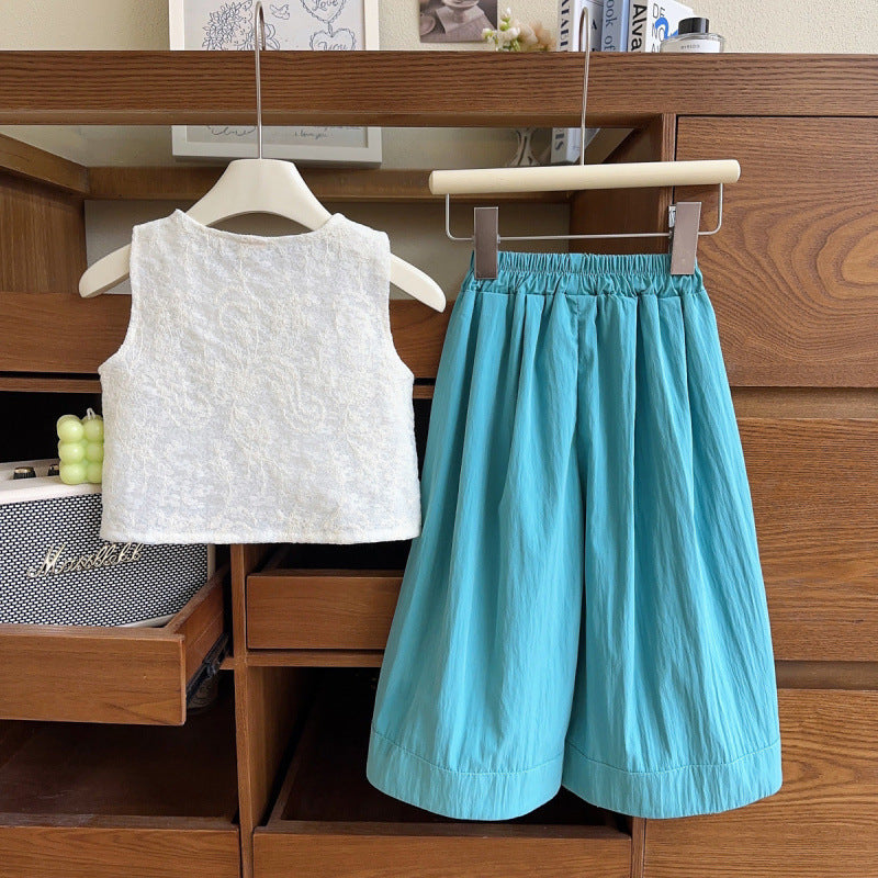 Eboo Girls Sleeveless Suit Summer Girls Vest Trousers Two Piece Suit