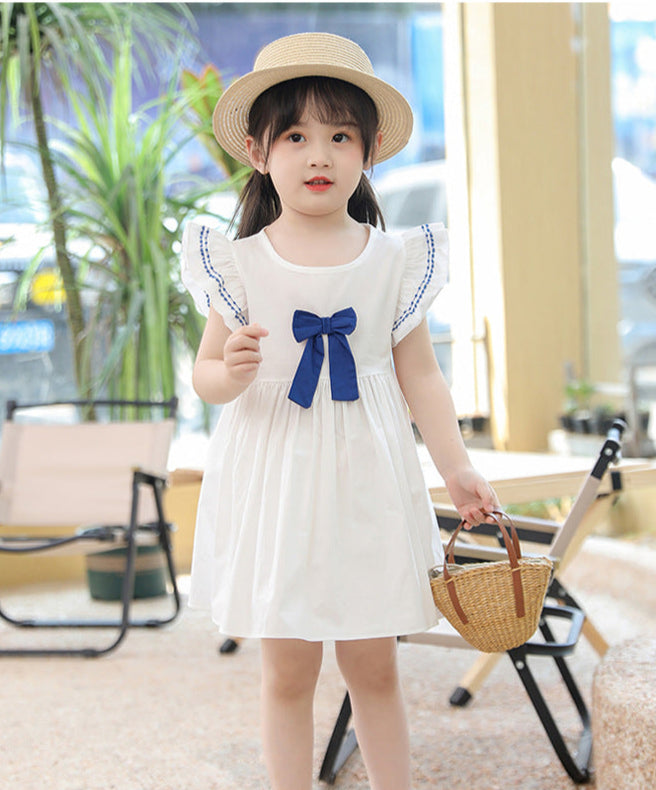 Eboo 100% Cotton Plain White and Blue Bow Summer Dress