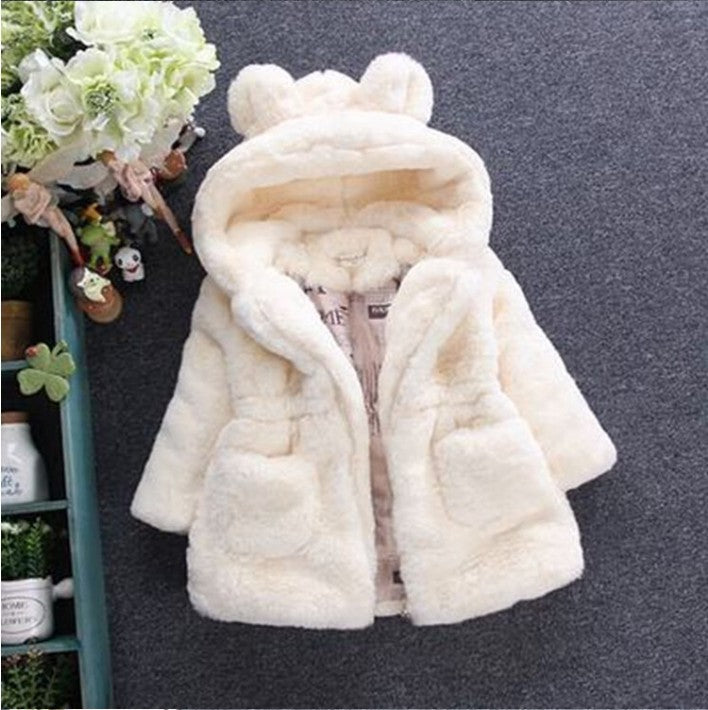 Eboo Girls Winter Warm Hooded Faux Fur Jacket with Cute Ear Design (White)